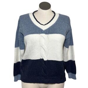 O&O Womens Blue White Colorblock Cable Knit V-Neck Sweater Size M Nautical